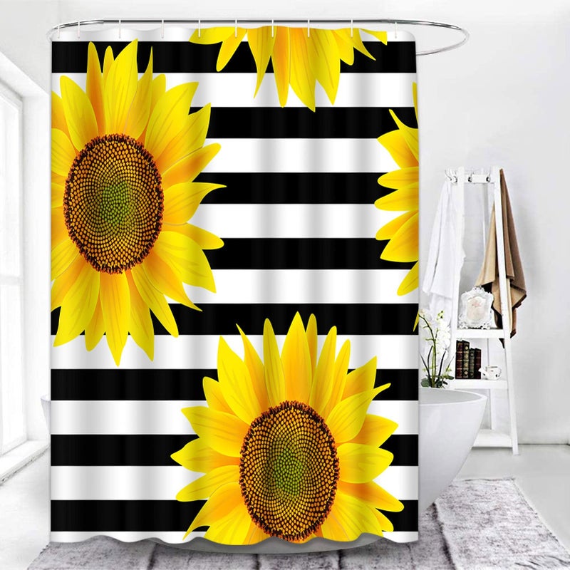 Emvency Shower Curtain Bright Sunflowers Striped Black and White Pattern Yellow Sun Flowers Print Home Decor Waterproof Polyester Fabric 72 x 72 inches Set with Hooks - Image 3